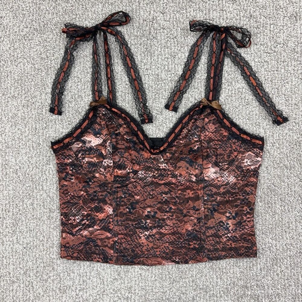 ROMWE Camisole Tank Top Womens Large Black Floral Lace Tie Strap Cropped Y2K